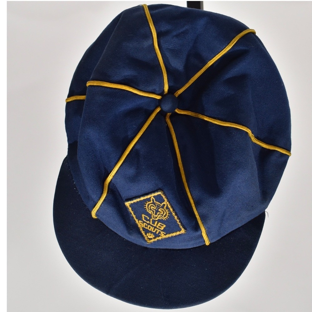 Vintage Boy Scouts Cub Scout Cap Blue Gold Piping Wolf Emblem Patch Soft Hat